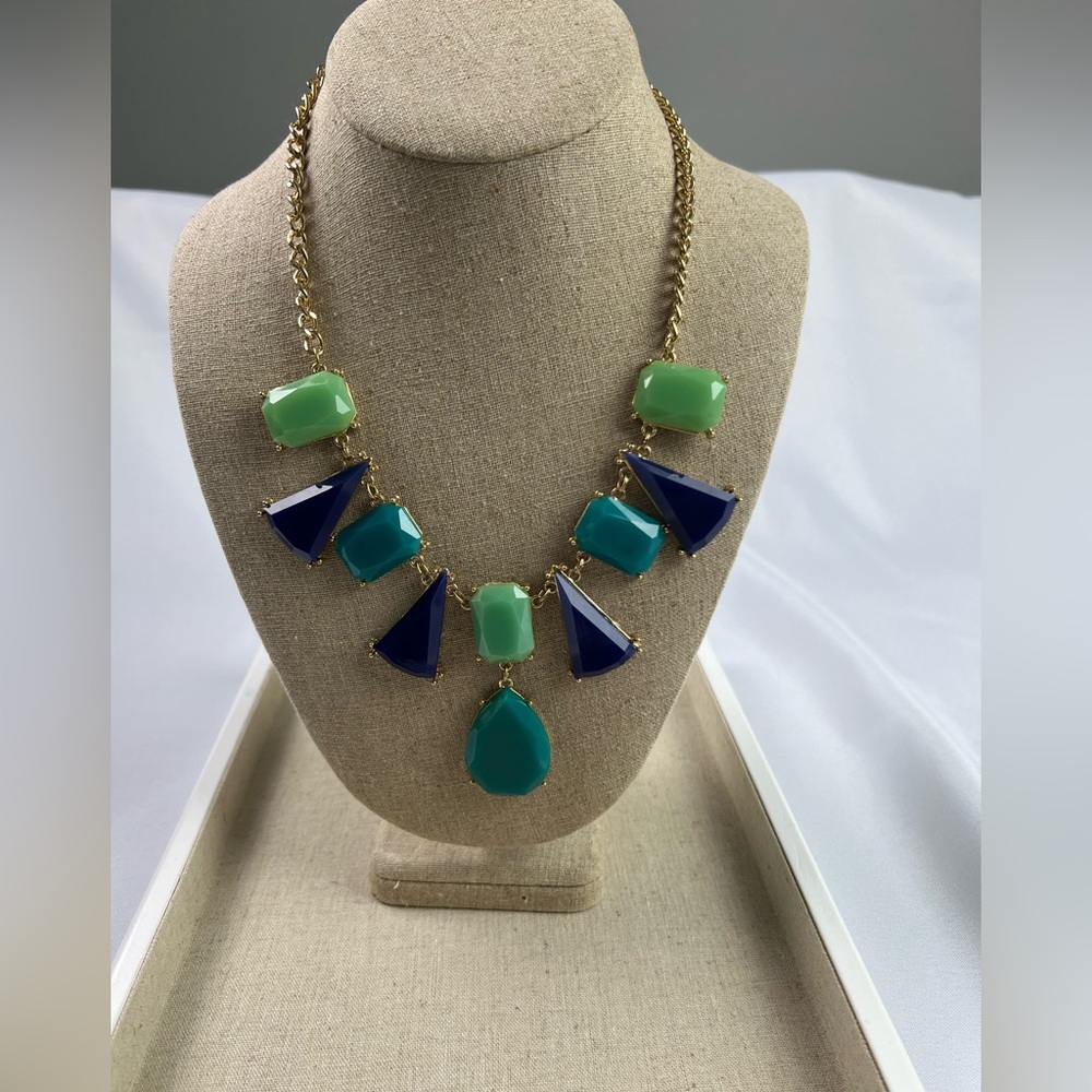 Blue & Green Acrylic Gold Tone Chunky Office Wedding 80’s Necklace